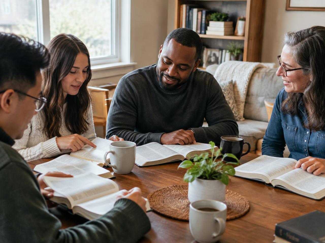 A diverse small group studying the Bible together